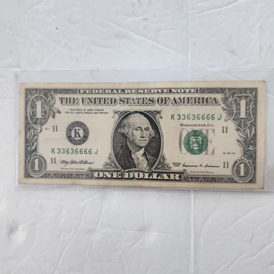 1999 $1 BINARY FANCY SERIAL NUMBER K 33636666 J - Image 1 of 4