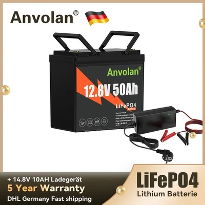 ANVOLAN Batería LiFePO4 50Ah 12V Batería Litio BMS Autocaravana Barcos Hogar Jardín+Cargador