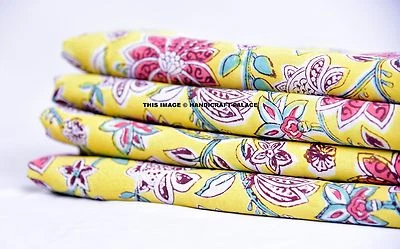 Tela india de 10 yardas con estampado de flores en bloque 100 % algodón tela amarilla natural Foto 1 de 3