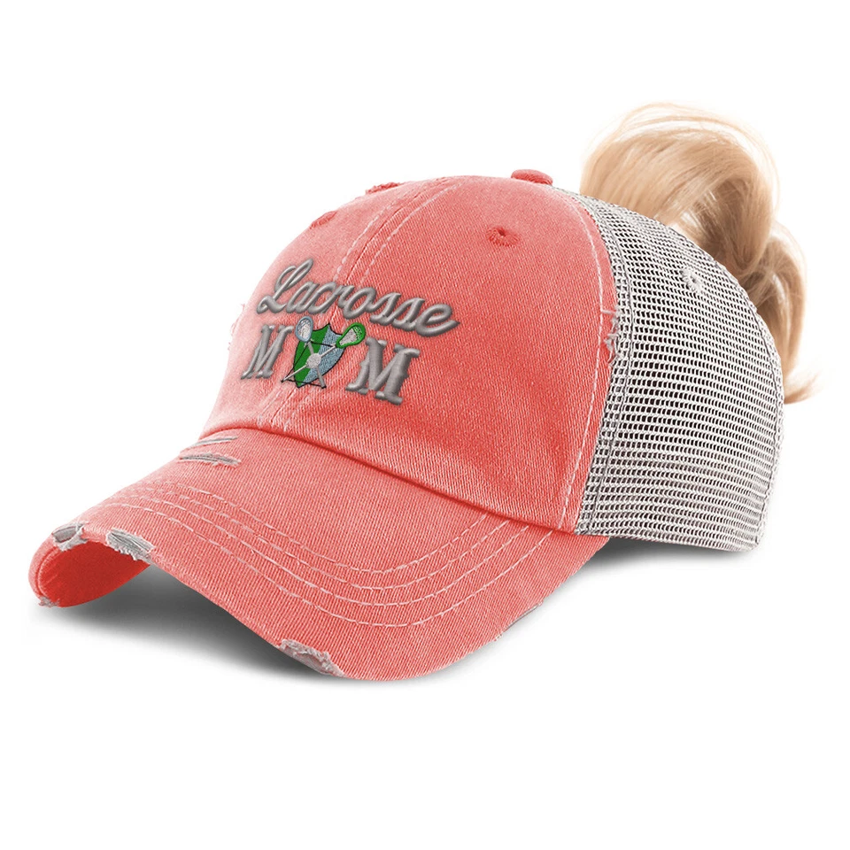 Womens Ponytail Cap Lacrosse Mom Mommy Cotton Activity Distressed Trucker Hats - Image 1 of 1