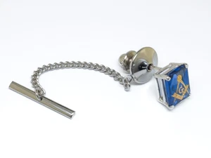 10 x 8 mm Simulated Blue Sapphire Masonic Sterling Silver Tie Tack Pin - Picture 1 of 2