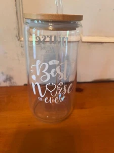 Glass Tumbler Cup with Lid, Glass Straw, Nurse Gift Glass - Picture 1 of 3