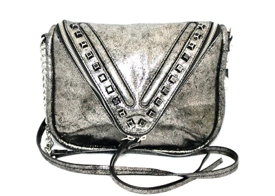 SHE + LO 下章拉链斜挎包钉金属银色皮革 245168 — 第 1/4 张图片