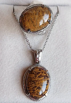 Juego de anillos y colgantes de jaspe Coquina en acero inoxidable 29,25 ctw 20 pulgadas talla 7 Foto 1 de 4