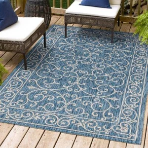 JONATHAN Y Outdoor Rugs Polypropylene Border Light Rectangle Deck Navy/Gray - Picture 1 of 12