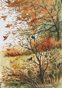 7X10” Original Watercolor Pamela Wilhelm Autumn Wind Gust Tree Black Birds - Picture 1 of 2