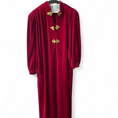 Vintage Red Ruth Norman New York, Velour, Caftan, Mock Neck, Gold Toggle Closure - Image 1 of 4