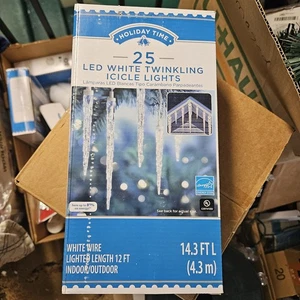 HOLIDAY TIME 25 LED WHITE TWINKLING ICICLE LIGHTS - NEW - Picture 1 of 3