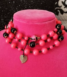 Vintage Betsey Johnson Picnic Party Pink Black Bead Ladybug Ant Lucite Necklace - Picture 1 of 10