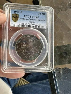1972-F  Germany  Olympic Silver coin Flames 10 Mark -PCGFSMS66 GREAT TONING - Image 1 of 4