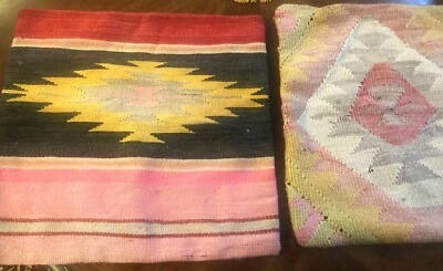 Vtg Ethnic Turkish Kilim Rug Pillow Covers 2 Decorative Boho Cushion 16" x 16" - Image 1 of 4