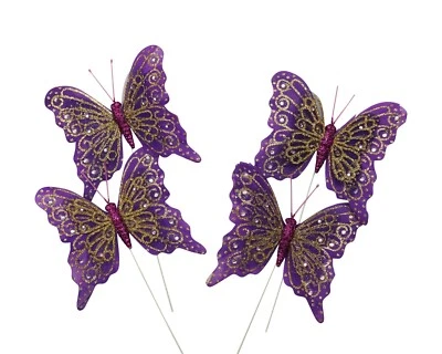 12 PIEZAS 4" púrpura + oro brillo plumas mariposas artesanía hágalo usted mismo decoración de pasteles de boda Foto 1 de 3