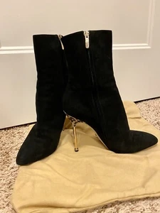 SERGIO ROSSI Black Suede Pointed Toe Zipper Bootie, Leopard Gold-tone Heel, 36 - Picture 1 of 5
