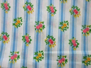 Blue Floral Stripe Cotton Fabric 1 Yd 20" x 44" Ticking Style - Picture 1 of 2