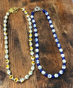 Artisan Blue & White Yellow & White Ceramic Beaded 20" Necklace Printed Flowers - Picture 1 of 8