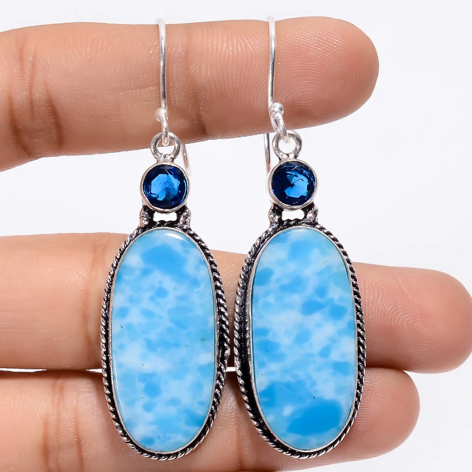 Pendientes hechos a mano de plata 925 con piedras preciosas de topacio azul Larimar 2,3" ARE-3103 Foto 1 de 1