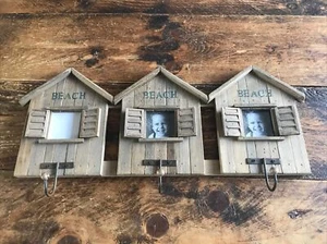 Beach Hut Photo Frames Wood Seaside 3 x Picture Holders 3x Coat Hooks Nautical - Picture 1 of 5