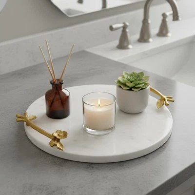 Bandeja de mármol natural con asas de flores doradas - Decoración de encimera de cocina, St... Foto 1 de 4