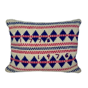 Vintage 70s Hand Crochet Accent Pillow Double Sided Blue 1776-1976 Bicentennial - Picture 1 of 7