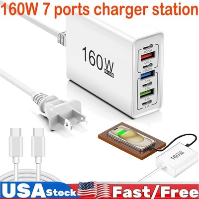 160W 7-Port USB C Fast Wall Charger Block Charging Station for Multiple Devices - Image 1 of 4