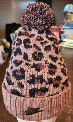 Nike Leopard Print Sherpa Fleece Lined Winter Beanie Hat Pom - Image 1 of 4