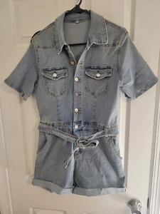 Shein Flap Pocket Denim Belted Romper Short Sleeve Light Wash Size L - Picture 1 of 6