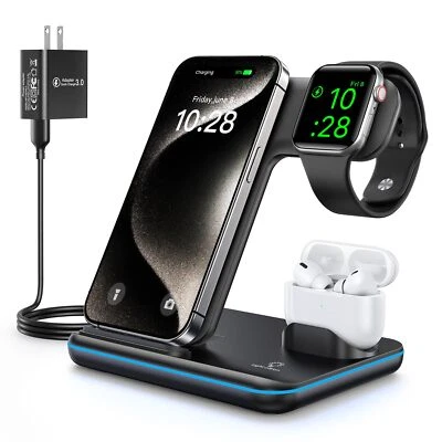 3 in 1 Wireless Charger Station for Apple Fast Charging for iPhone AirPods Watch - Image 1 of 4