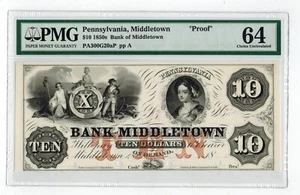 1850s Pennsylvania BANCA DI MIDDLETOWN $10 valuta obsoleta PROOF PMG64 - Foto 1 di 2