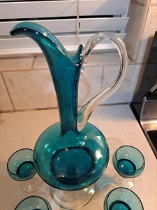 Vtg MCM Italy Empoli Amethyst Blue /Green Decanter Vase With 5 Cordial Glasses - Picture 1 of 6