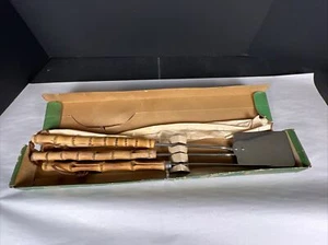 VTG Bamboo Handle BBQ Barbecue Set Stainless Steel Japan MCM 3PC W/box 21” - Picture 1 of 8