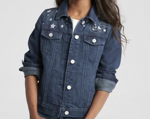 Gap Jean Jacket Girls Kids Size Small Blue Denim Cat Star Peace Fast Shipping - Picture 1 of 8