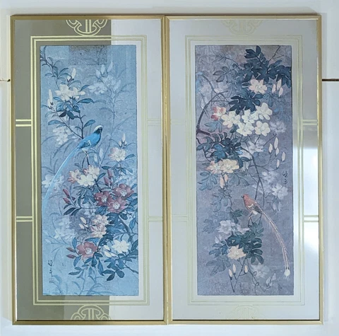 Vtg MCM Pair of Photo Etched Screen Print Mirrors 24x12 each Cover