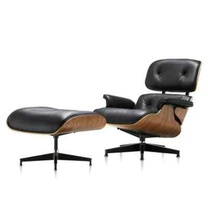Eames Style Lounge Chair & Ottoman Walnut Wood Colour - Black Leather Brand New - Picture 1 of 16