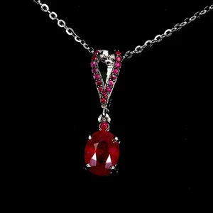925 Sterling Silver Necklace Oval Ruby 8x6mm Ruby Diamond Cut Gemstone 18inches - Picture 1 of 13
