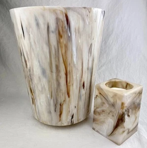 Lucite Waste Basket Vintage MCM Marbled Trash Can Cup Holder Cream Brown Marble - Picture 1 of 11