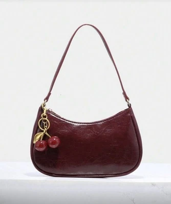 Bolso de Mano Borgoña de Moda con Llavero Cereza - Cartera de Hombro Pequeña Foto 1 de 4