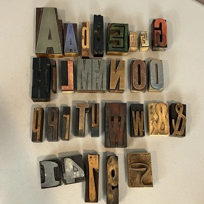 Letter Press Printing Blocks Letters and Numbers Mixed Sizes Fonts Lot of 29 - Image 1 of 4