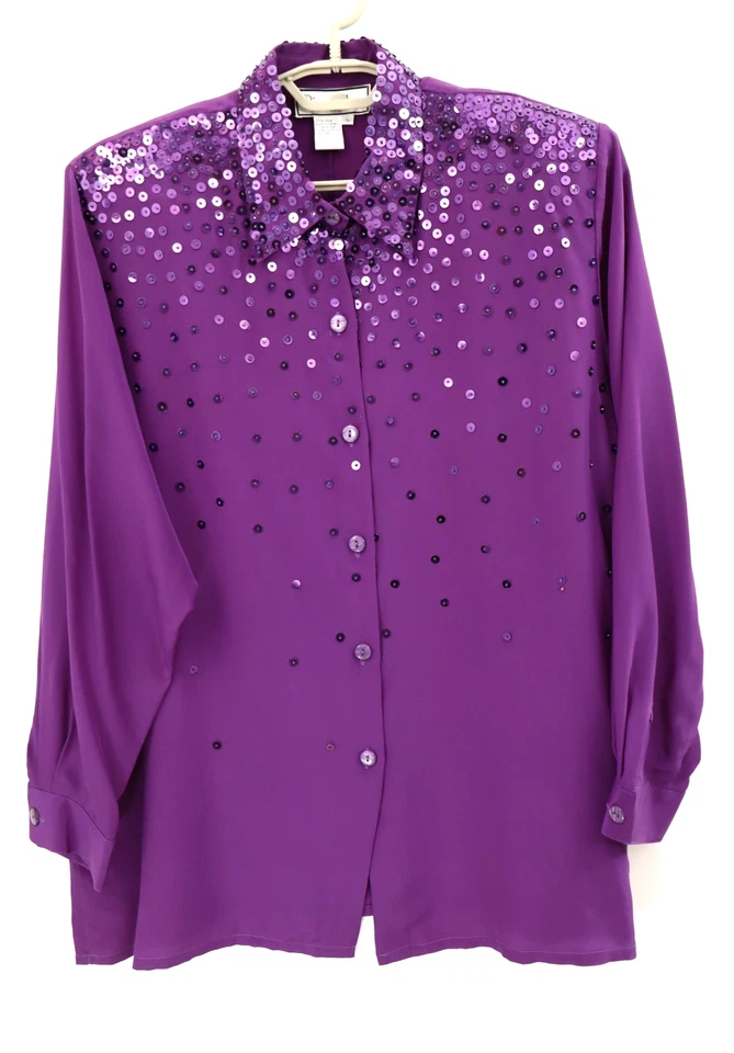 NUEVA DIANE GILMAN Blusa Para Mujer Seda Manga Larga Cuello Lentejuelas Púrpura Talla L Foto 1 de 4