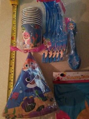 BABY SHARK PARTY SUPPLIES PLATES HATS TABLE CLOTH DECORATIONS - Image 1 of 4