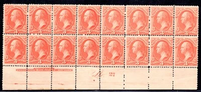 US 1873 OFFICIAL DEPT OF THE INTERIOR 3C. WASHINGTON PLATE BLOCK OF 16 SC. #O17 - Image 1 of 2