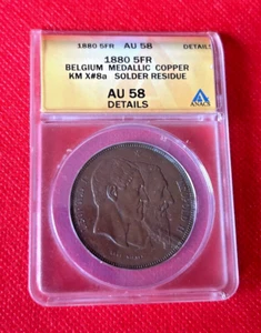 1880 5FR BELGIUM MEDALLIC COPPER KM X#8a SOLDER RESIDUE ANACS AU 58 DETAILS - Picture 1 of 2
