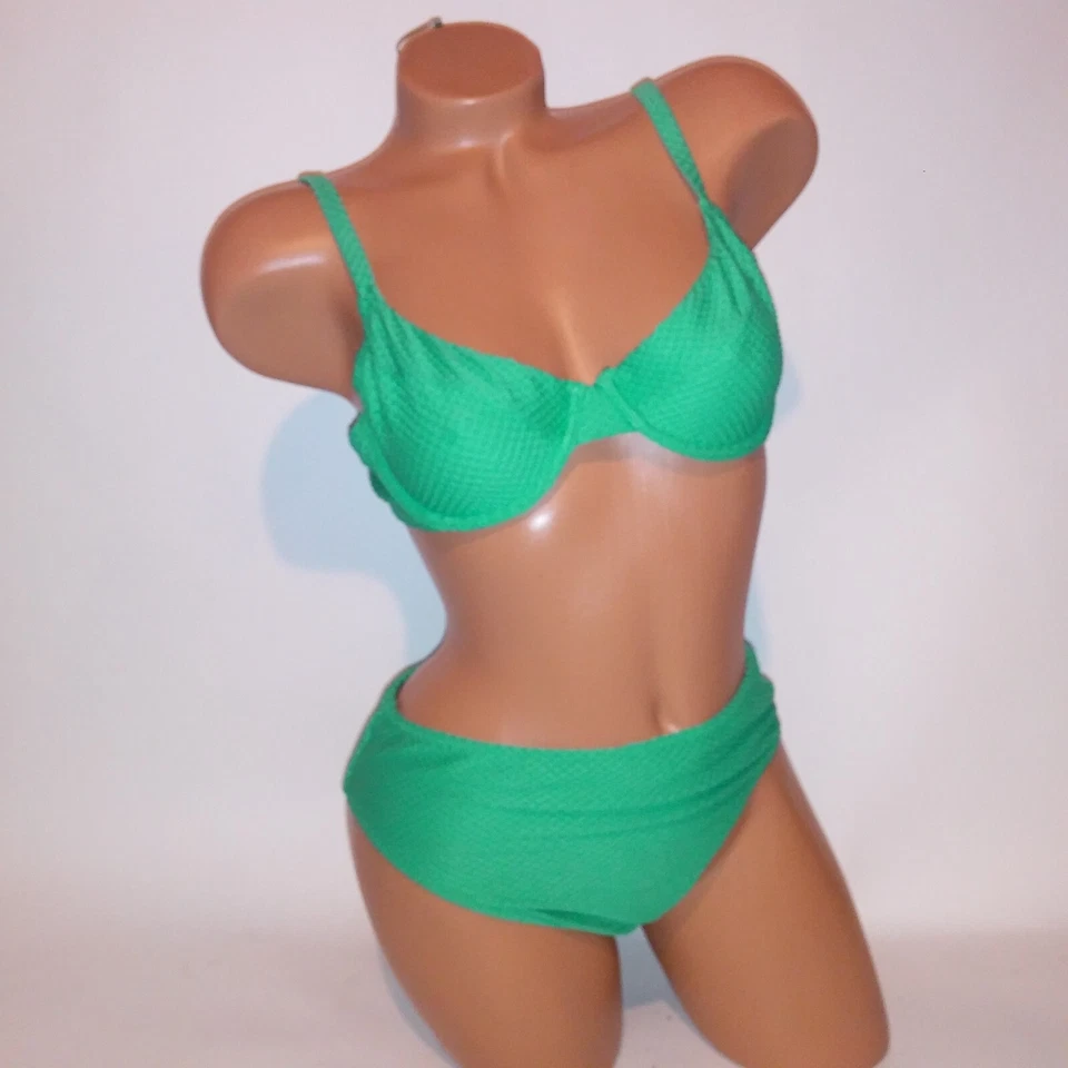 Bikini de natación Aerie parte superior grande parte inferior mediana verde corte alto descarado sin forro texturizado Foto 1 de 4