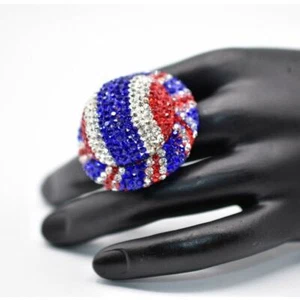 Statement Ring Sparkling Rhinestone Crystal Red White Blue Union Jack Shiny Bin7 - Picture 1 of 12