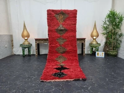Moroccan Handmade Vintage Rug 2'7"x7'8" Berber Geometric  Red Brown Carpet  - Image 1 of 4