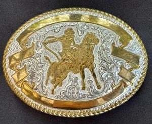 VINTAGE CRUMRINE SILVER PLATE JEWELERS BRONZE COWBOY HORSE WESTERN BELT BUCKLE - Picture 1 of 20