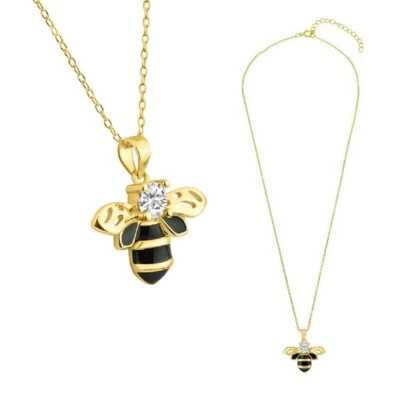 Argento Sterling Placcato Oro Giallo Collana W/Zirconia Smalto Nero Ape Pendant - Immagine 1 di 4