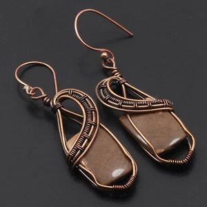 Jasper Gemstone Copper Wire Wrapped Earrings 2.5" Jewelry H13498 - Picture 1 of 3