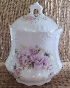 Victorian Porcelain Biscuit Jar with Lavender and Pink Flowers 7.5” - Picture 1 of 6