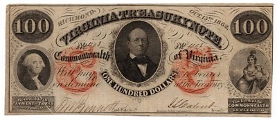 1862 $100 Virginia Treasury Note, Confederate Richmond - VF - Scarce Banknote! - Image 1 of 3