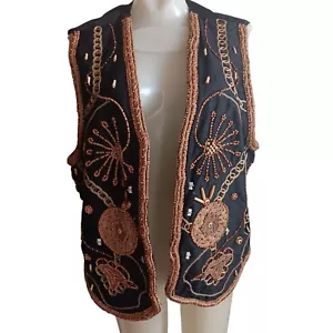 Large Vtg 90's Rafaella Black Beaded Silk Vest Floral Patterns Open Front Wood - Picture 1 of 12